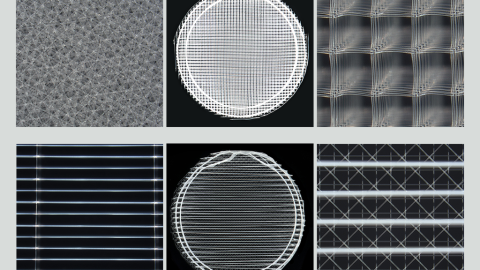 A composite of six different images of microfiber scaffolds, which appear like black and white patterns in lines, squares, and circles.